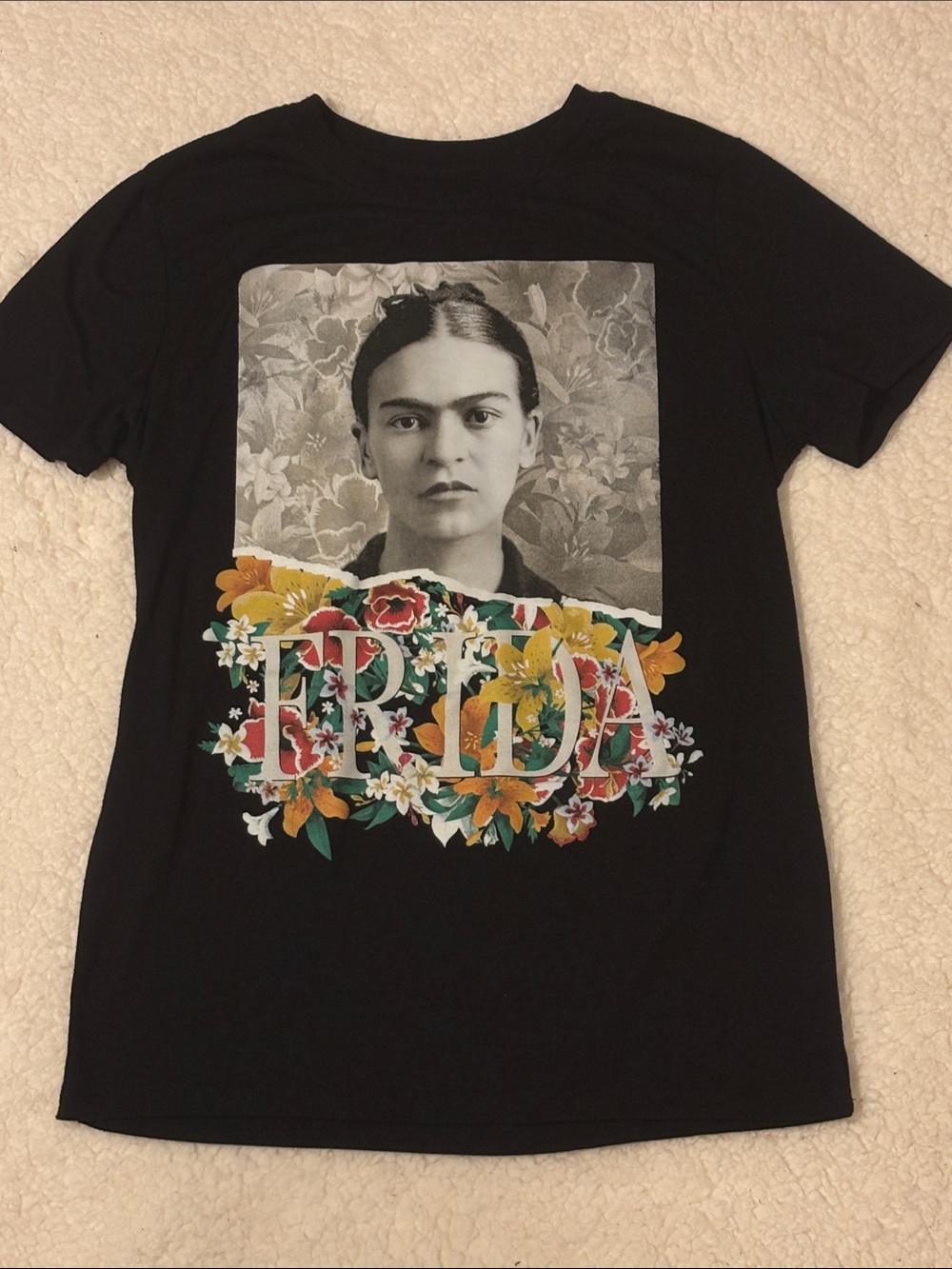 Frida Kahlo Floral Portrait Black Graphic Tee